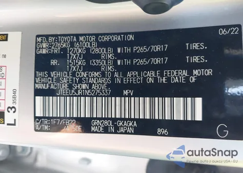 2022 Toyota 4Runner Sr5 z USA, uszkodzony, nr VIN JTEEU5JR1N5275337